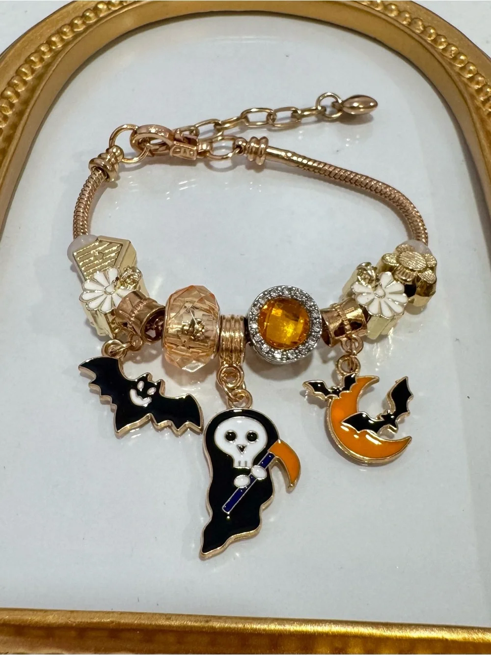 New Gold-Tone Halloween Charm Bracelet with Black & Orange Enamel Accents